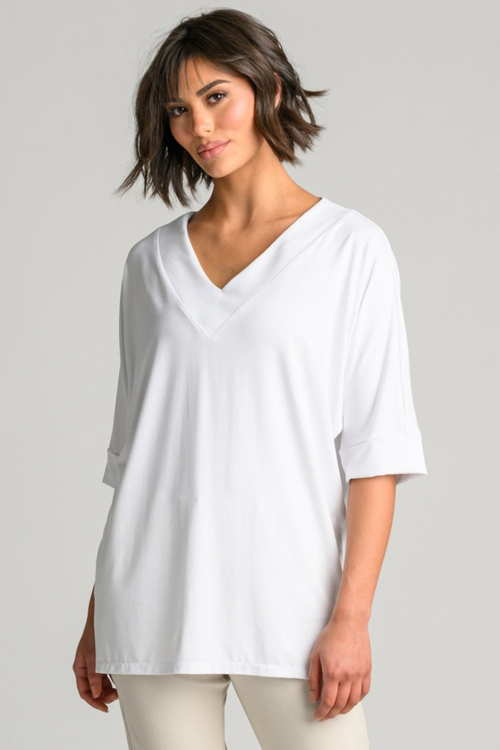 PAULA RYAN Long V Neck Relaxed Top - White EcoVero