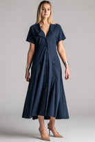 PAULA RYAN Long Cuffed Shirt Dress Microjersey - Shadow Blue PRE ORDER - Paula Ryan