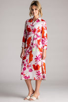 PLACE DU SOLEIL Pink Flower Dress with Sleeves - White Multi - Magpie Style