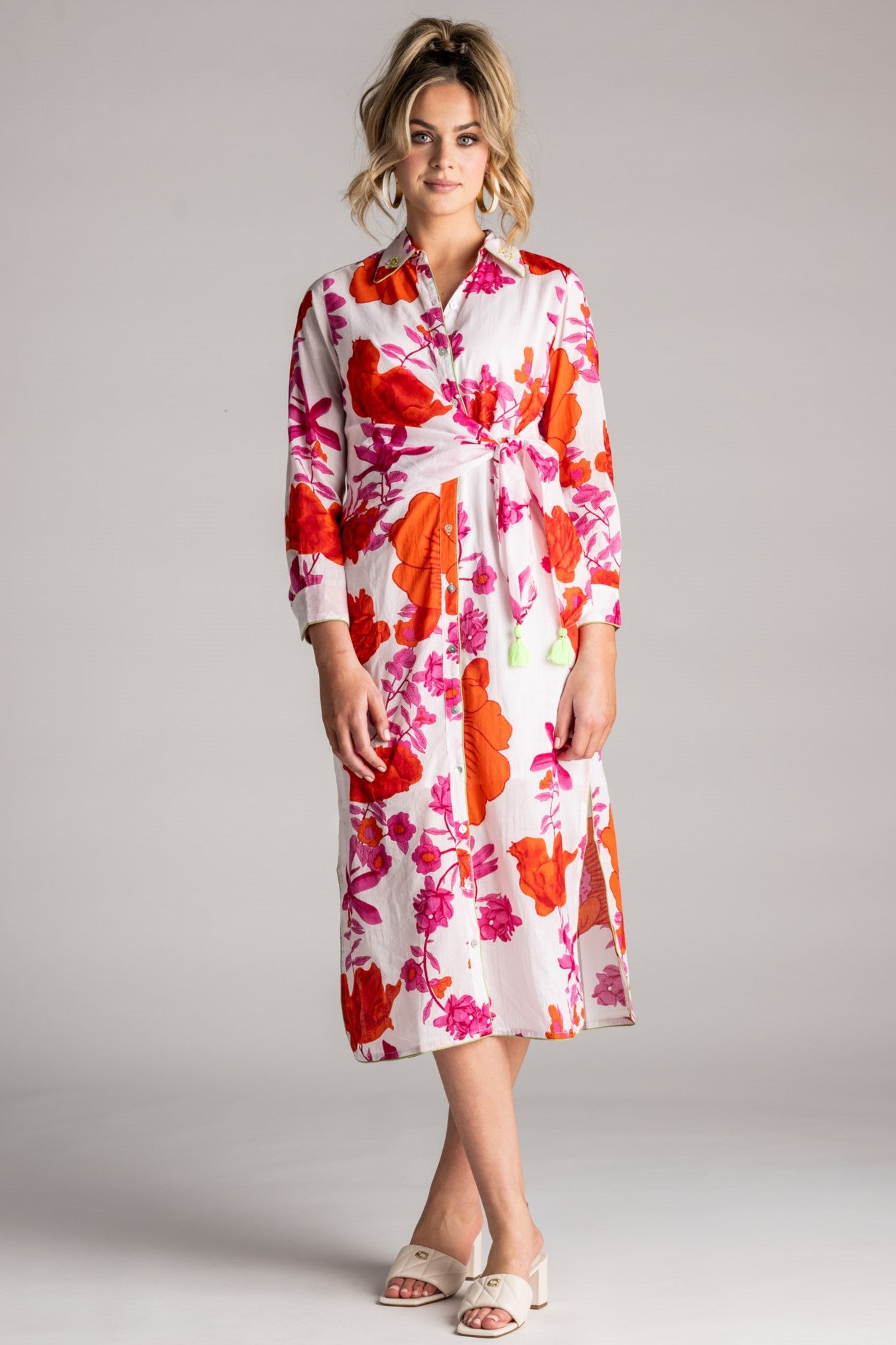 PLACE DU SOLEIL Pink Flower Dress with Sleeves - White Multi - Magpie Style