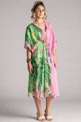 PLACE DU SOLEIL Green Birds Kaftan - Pink