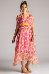 PLACE DU SOLEIL Rosa Flower Chiffon Dress - Pink/Yellow