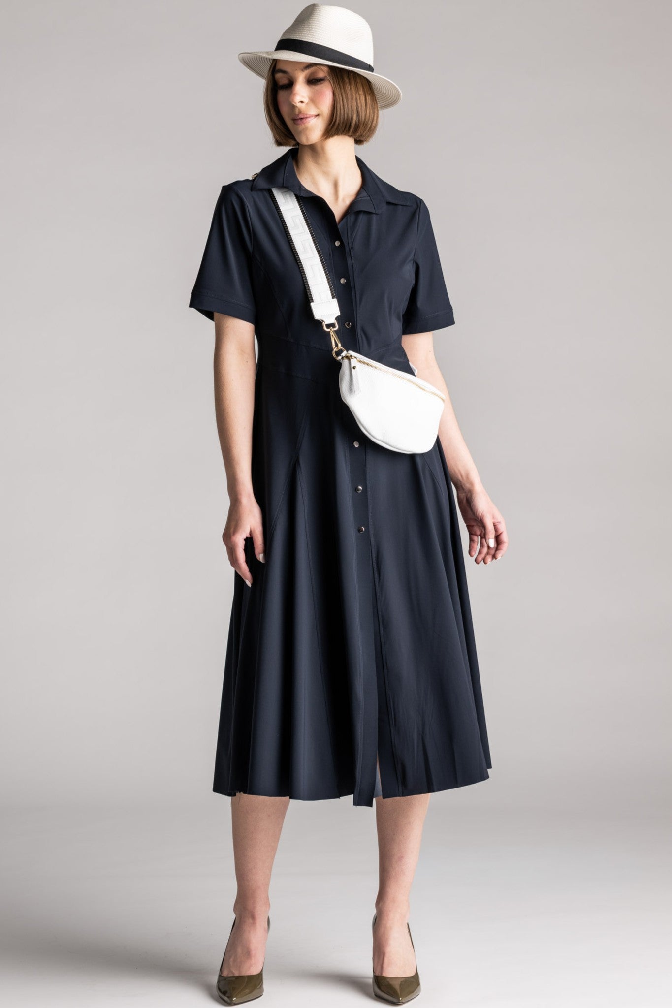 PAULA RYAN Classic Shirt Dress Microjersey - Navy - Paula Ryan