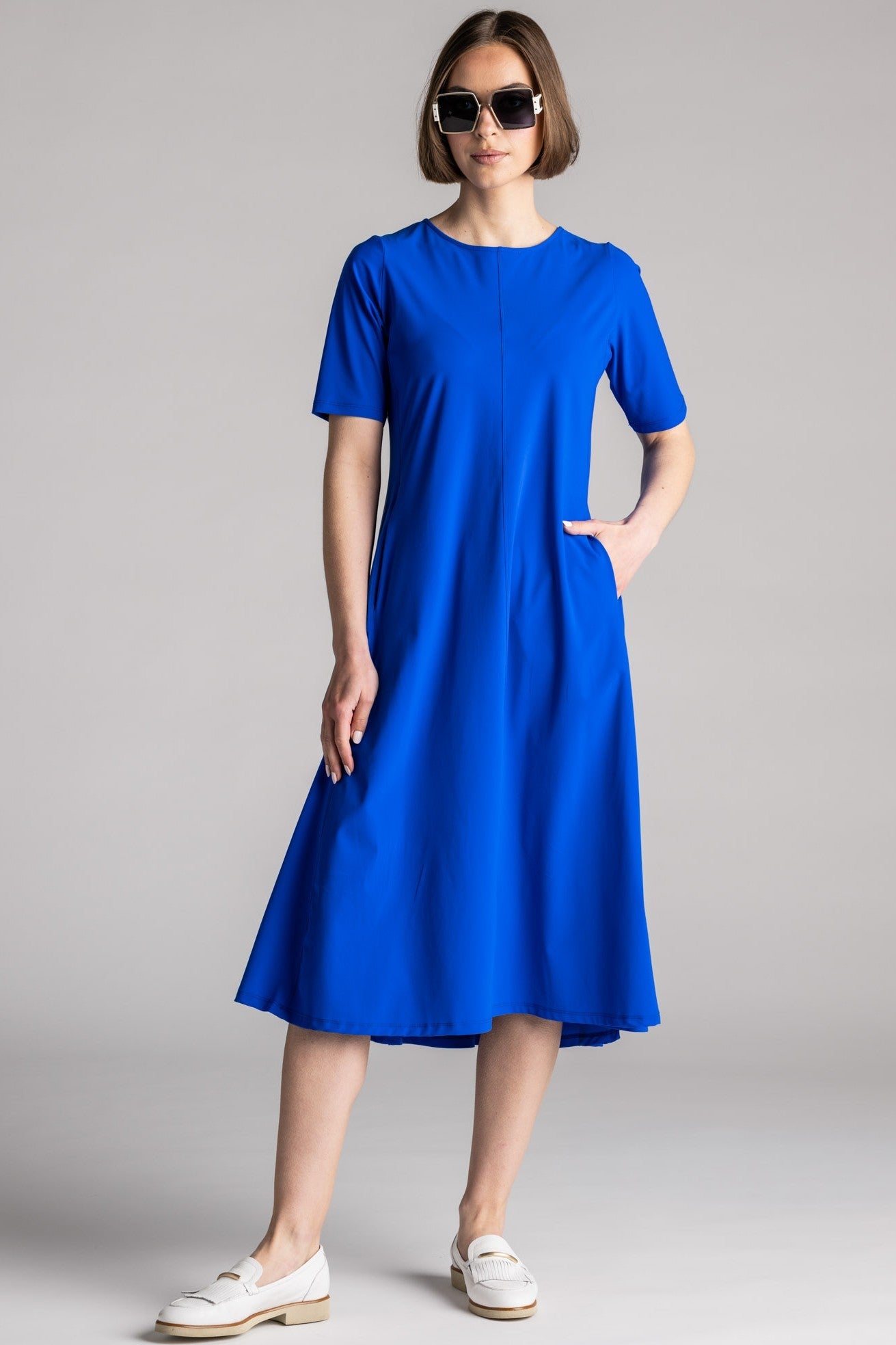 PAULA RYAN Crew Neck Swing Dress Microjersey - Greek Blue - Paula Ryan