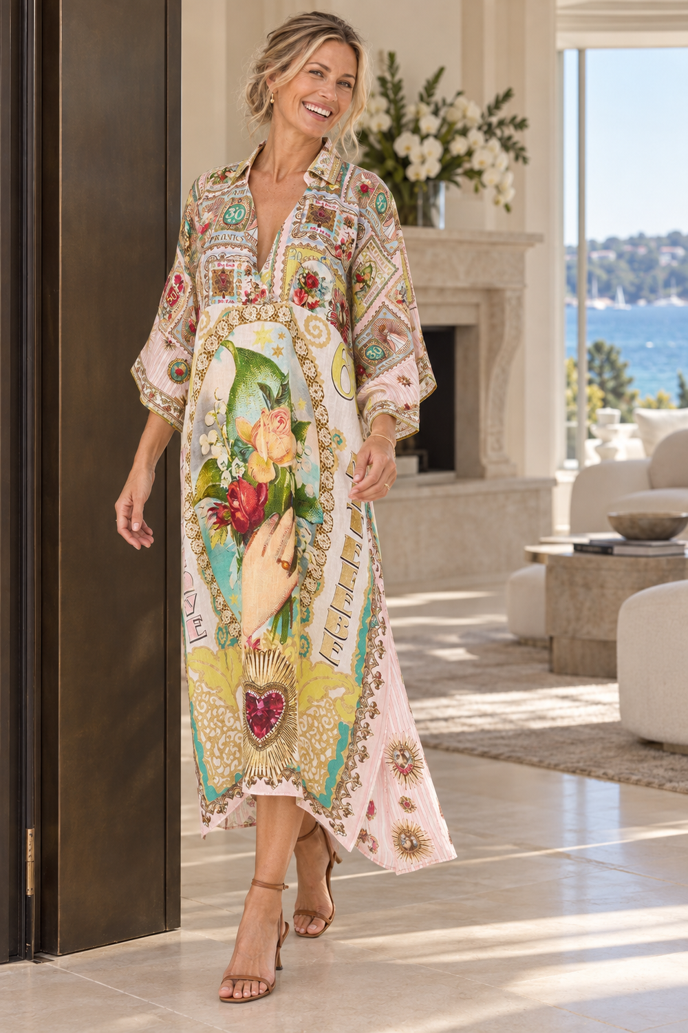 CAMILLA Deep V Neck Kaftan with Curved Seam - Painted Prayers