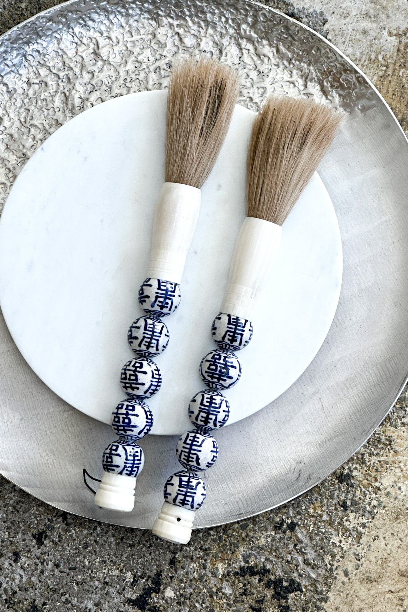 Calligraphy Brush -  Large Blue & White Porcelain Beads - Magpie Style