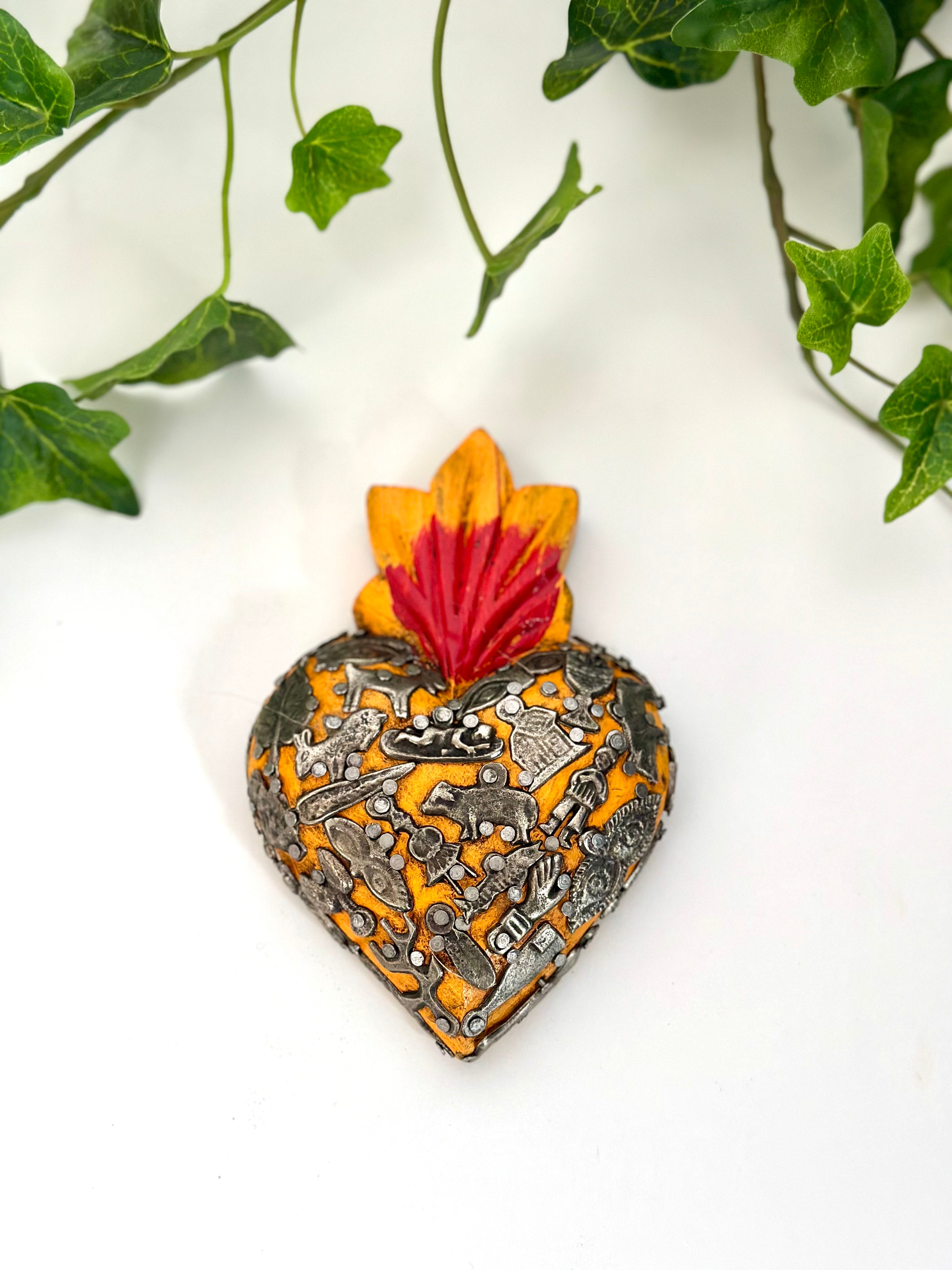 Small Yellow Heart with Milagros - Nickel - Magpie Style