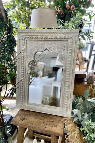 Hand Carved Wooden White Washed Mirror