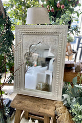 Hand Carved Wooden White Washed Mirror
