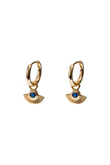 Gold Huggies with Blue Crystal Fan  - 18ct gold plated
