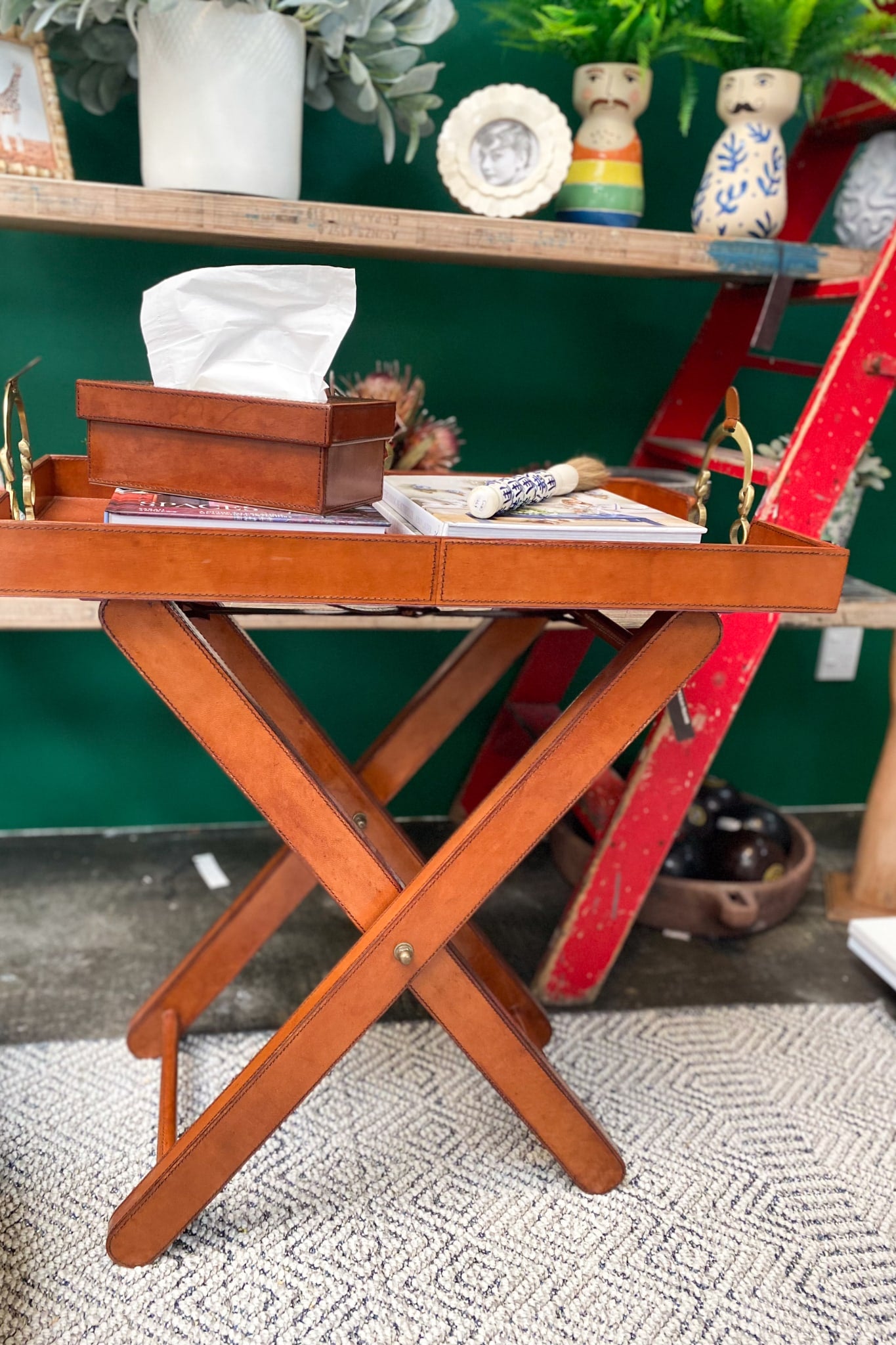 Leather Butlers Tray Table With Brass Stirrup Handles - Magpie Style