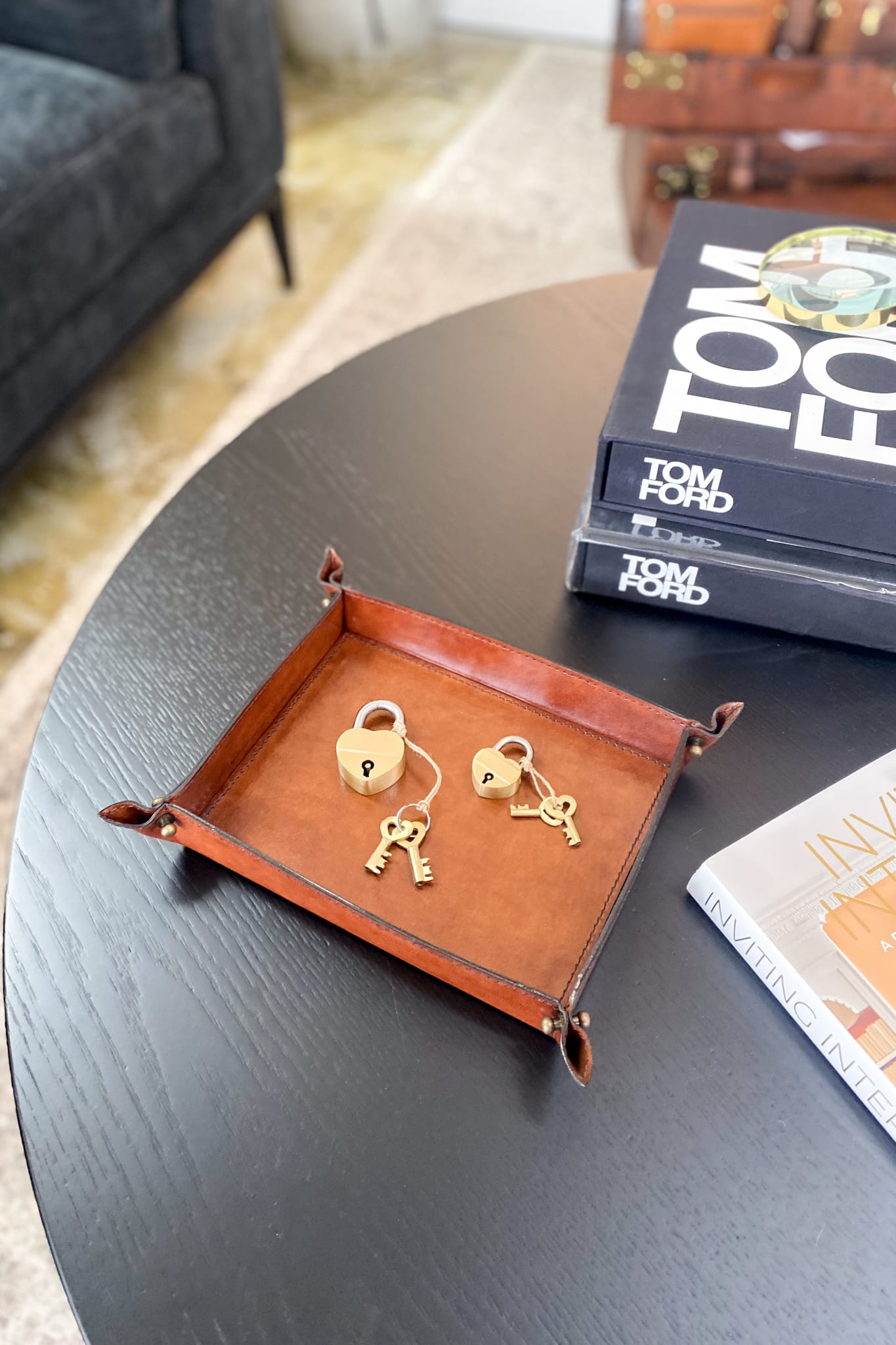 Medium Tan Leather Domed Tray - Magpie Style