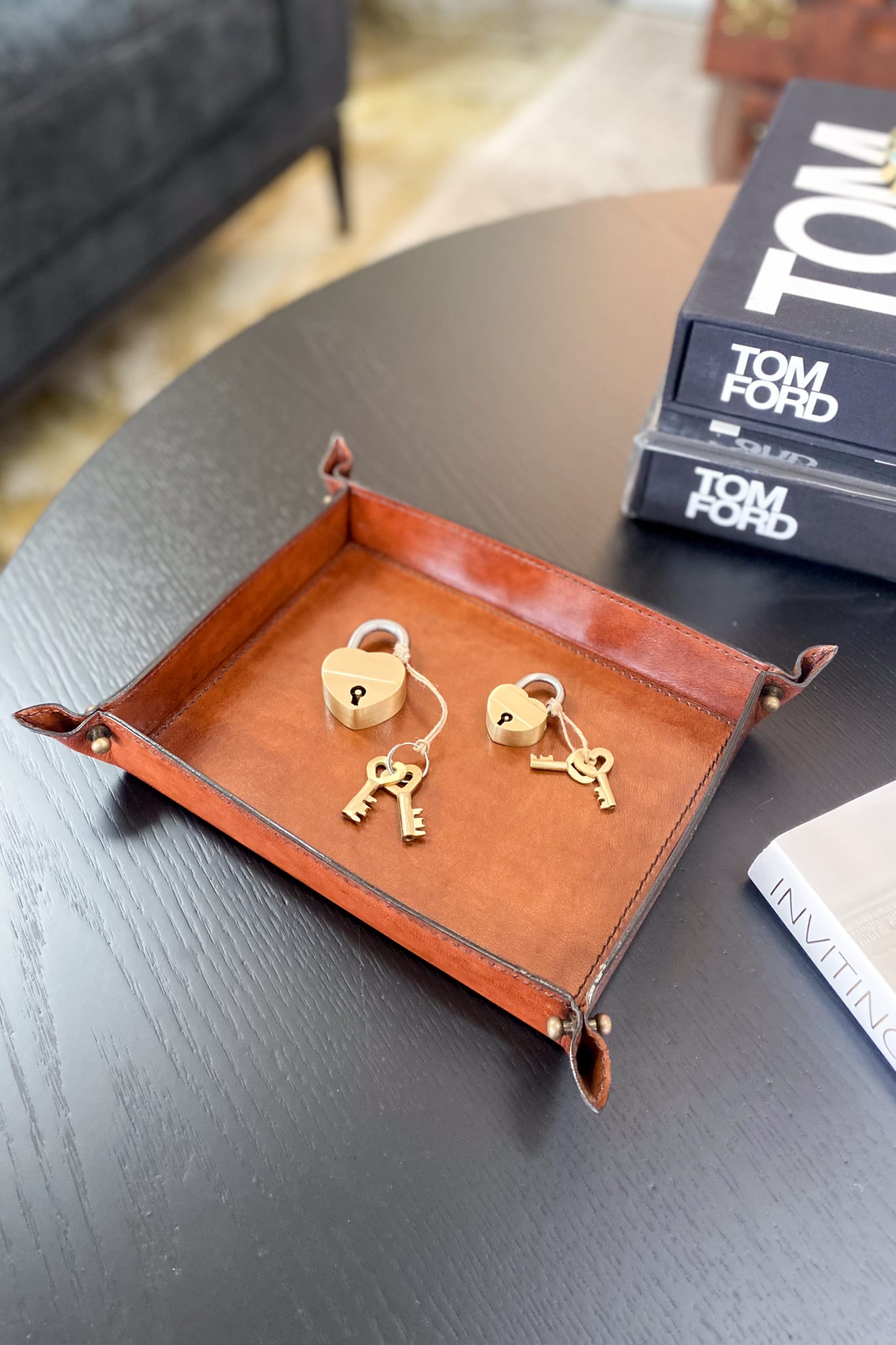 Medium Tan Leather Domed Tray - Magpie Style