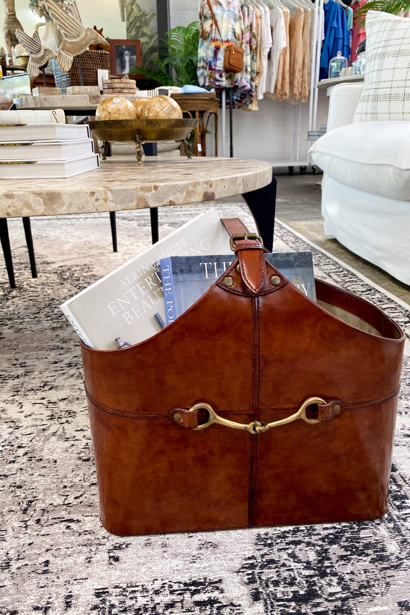 Leather Magazine Basket with Horse Bit - Tan - Magpie Style