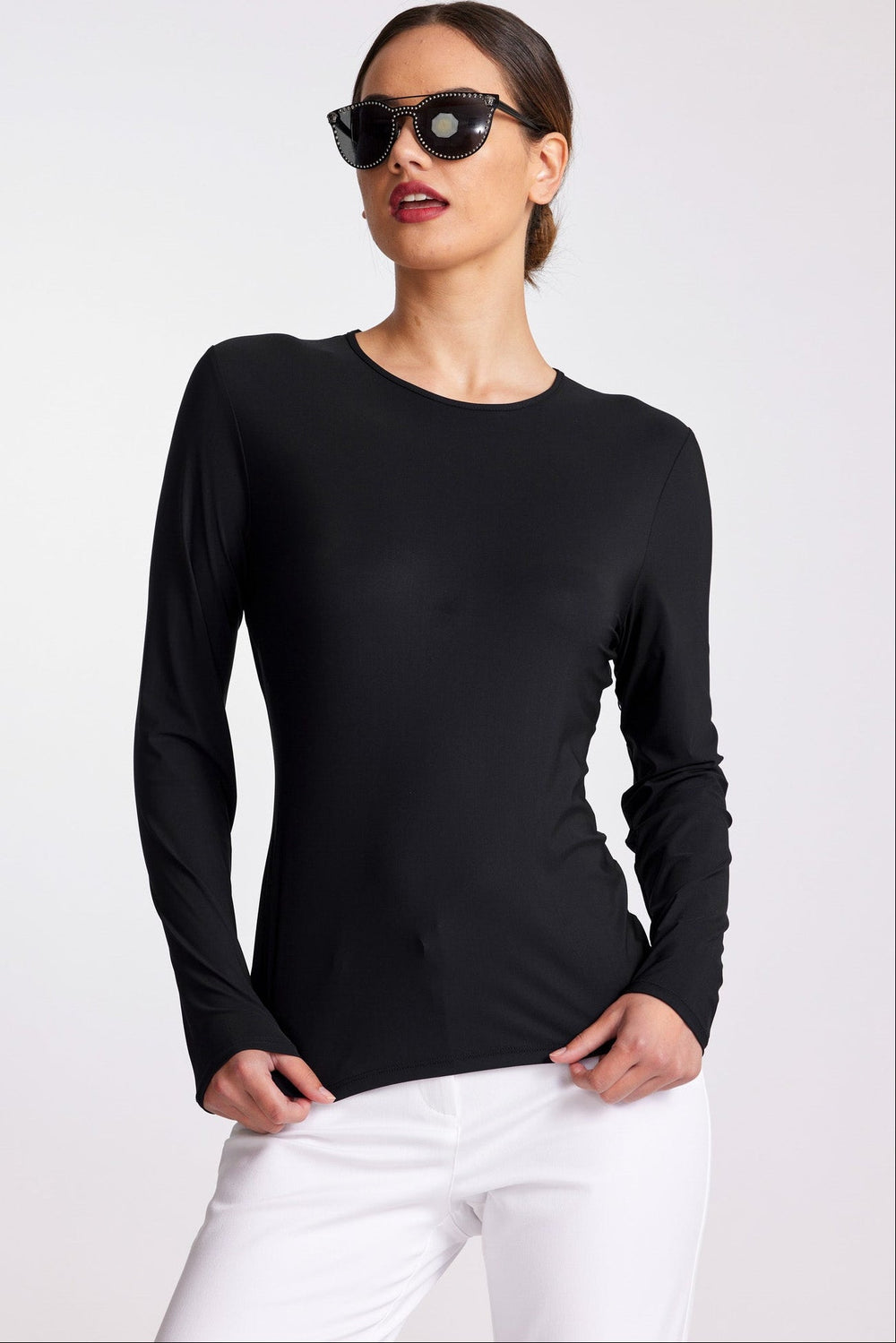 PAULA RYAN Crew Neck Long Sleeve Body Tee Classic Microjersey - Black