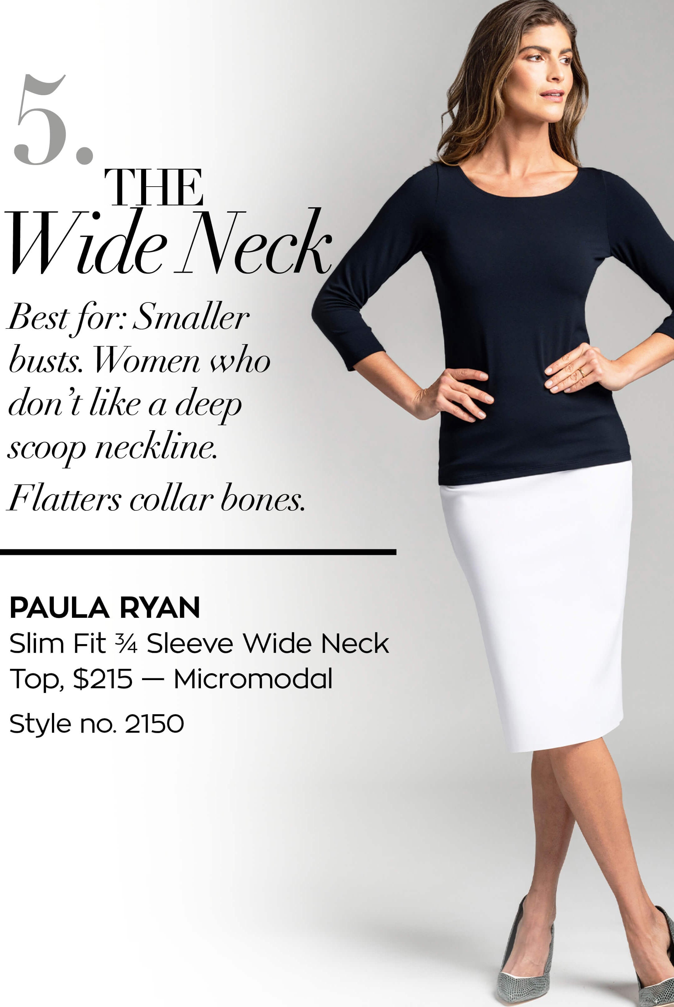 PAULA RYAN ESSENTIALS Slim Fit ¾ Sleeve Wide Neck Top - MicroModal - Paula Ryan