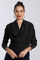 PAULA RYAN Deep Cowl Neck Top - Black Merino