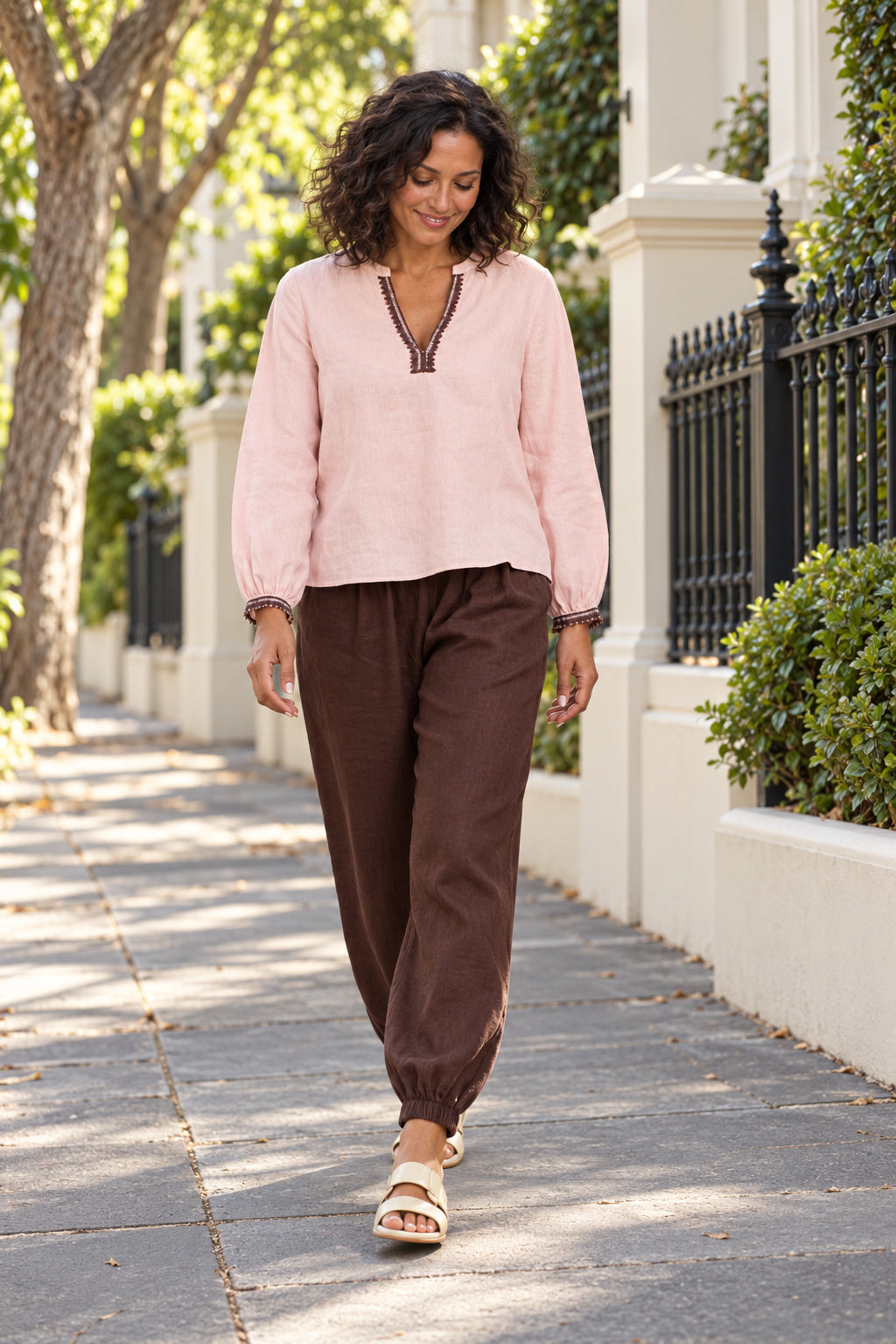 365 DAYS Anika Embroidered Linen Top - Dusty Pink/Choc - Magpie Style