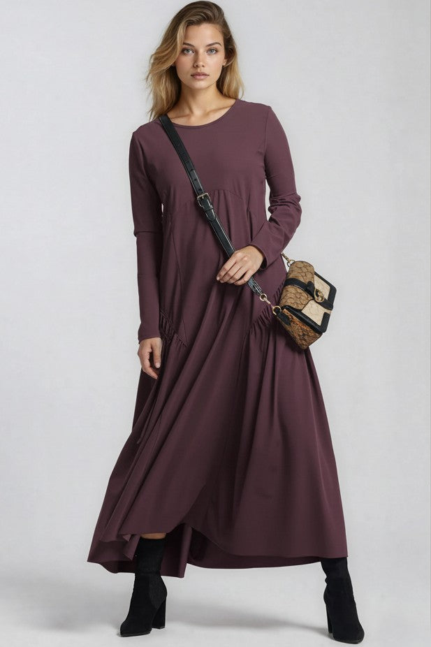 PAULA RYAN Long Sleeve Arched Front Dress - Microjersey Cocoa Plum