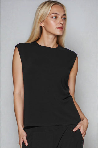 PAULA RYAN Easy Fit Cap Sleeve Crew Neck Top - Ecovero Black