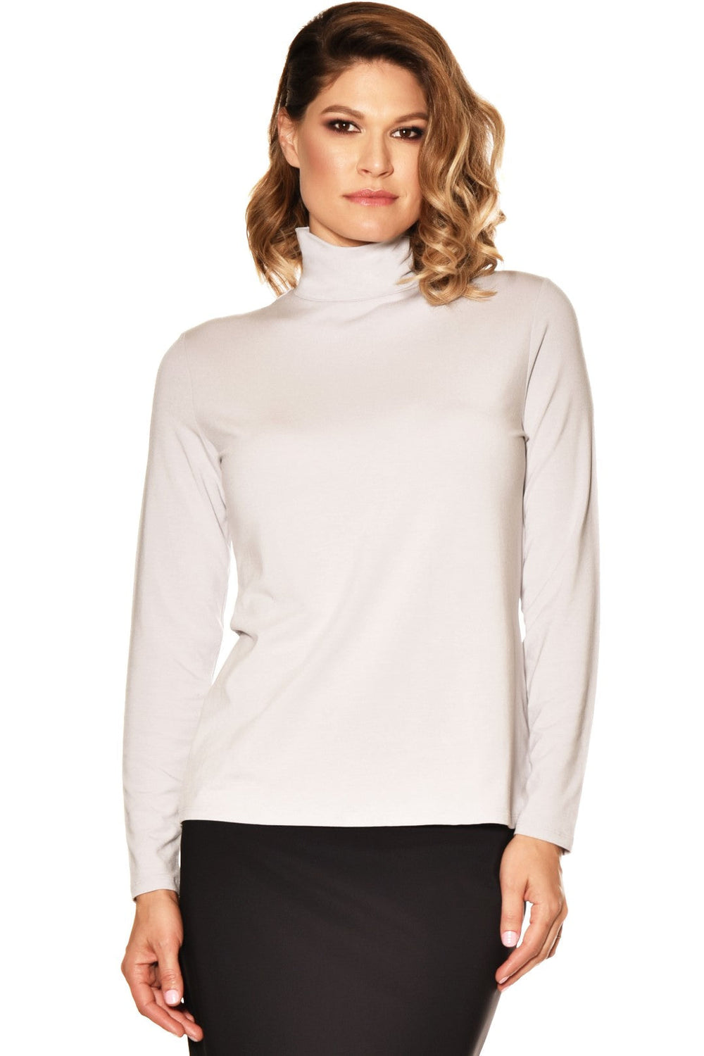 PAULA RYAN Easy Fit Long Sleeve Polo Neck Top - MicroModal White