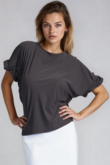 PAULA RYAN Ruched Sleeve Side Tuck Top - Black Microjersey