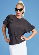 PAULA RYAN Rouched Sleeve Side Tuck Top - Black Microjersey - Paula Ryan