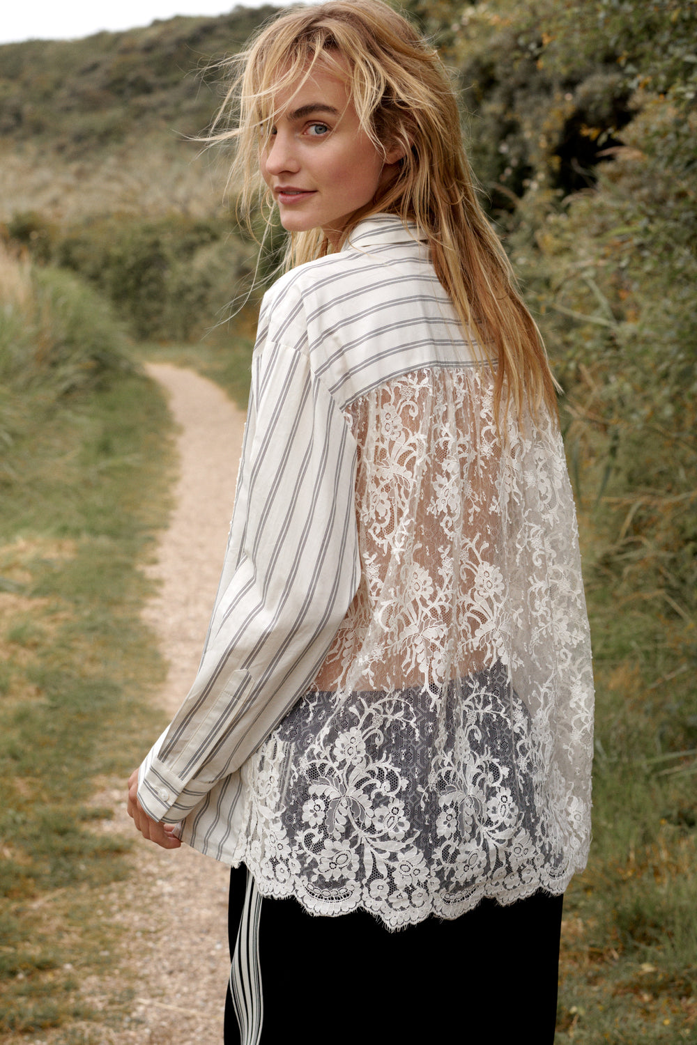SUMMUM Stripe Lace Mix Blouse - Ivory