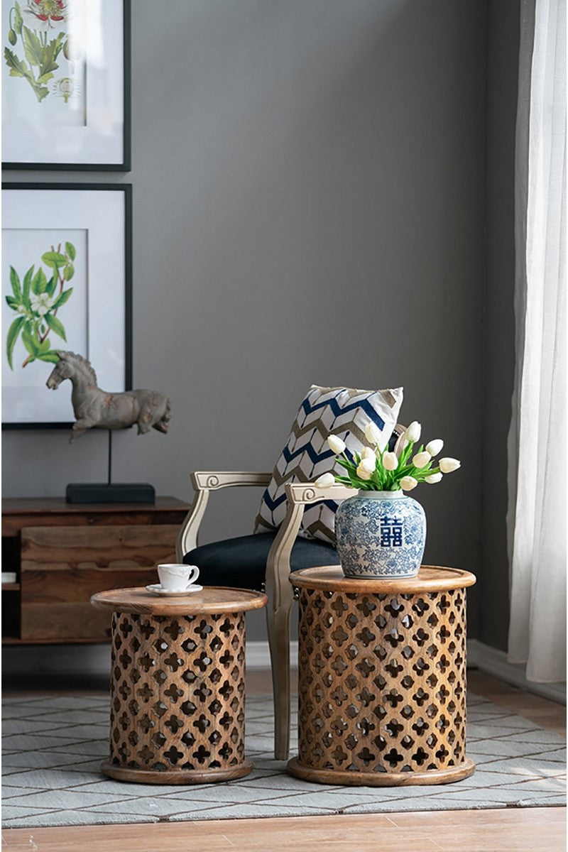 Mango Wood Carved Side Table - Small - Magpie Style