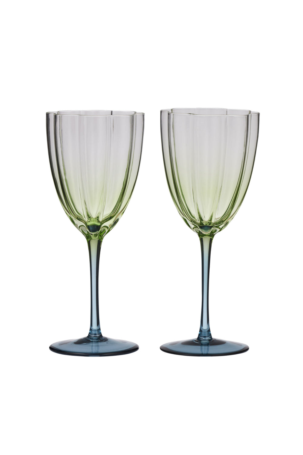 Green Blue Ribbed Stemmed Glass s/2