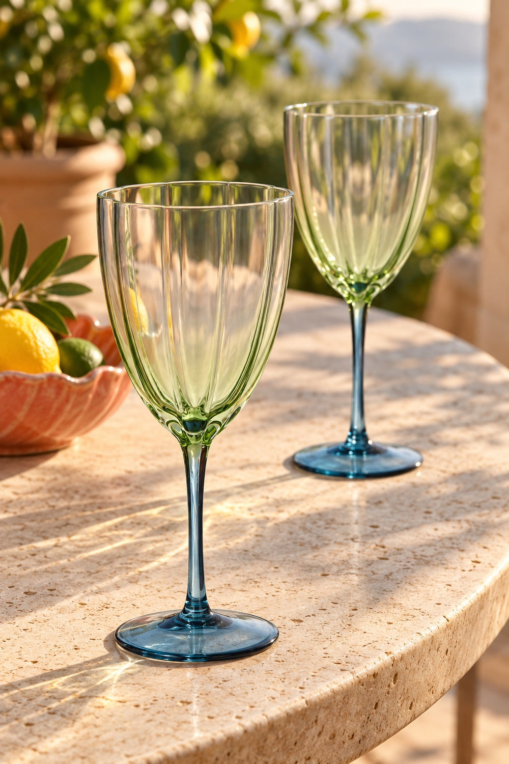 Green Blue Ribbed Stemmed Glass s/2