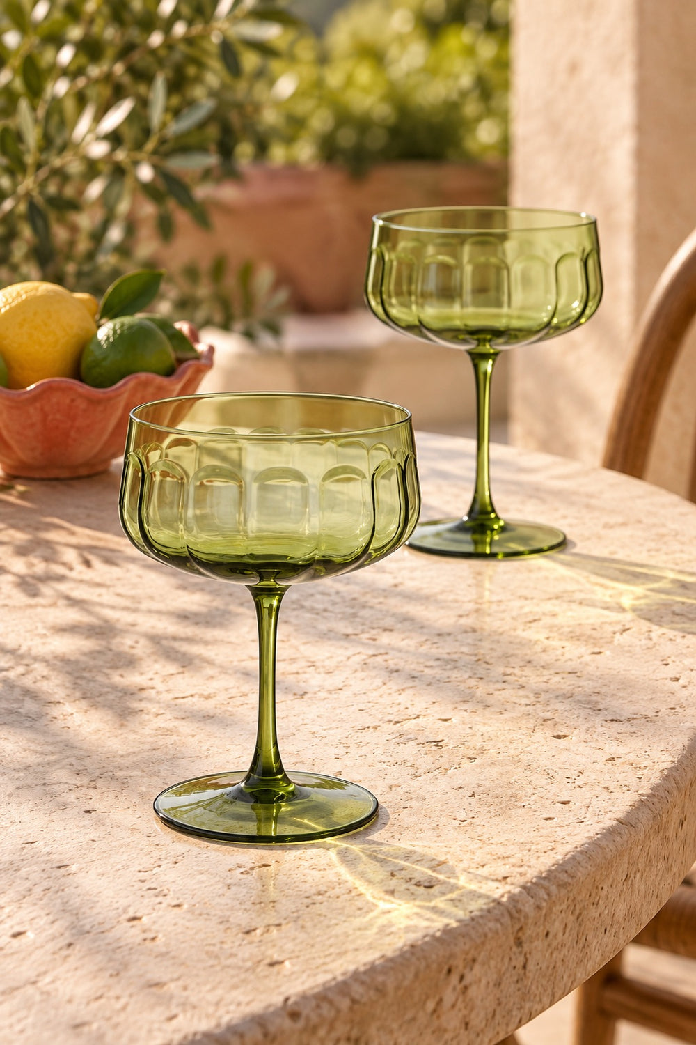 Olive Green Ribbed Coupe Glass Set