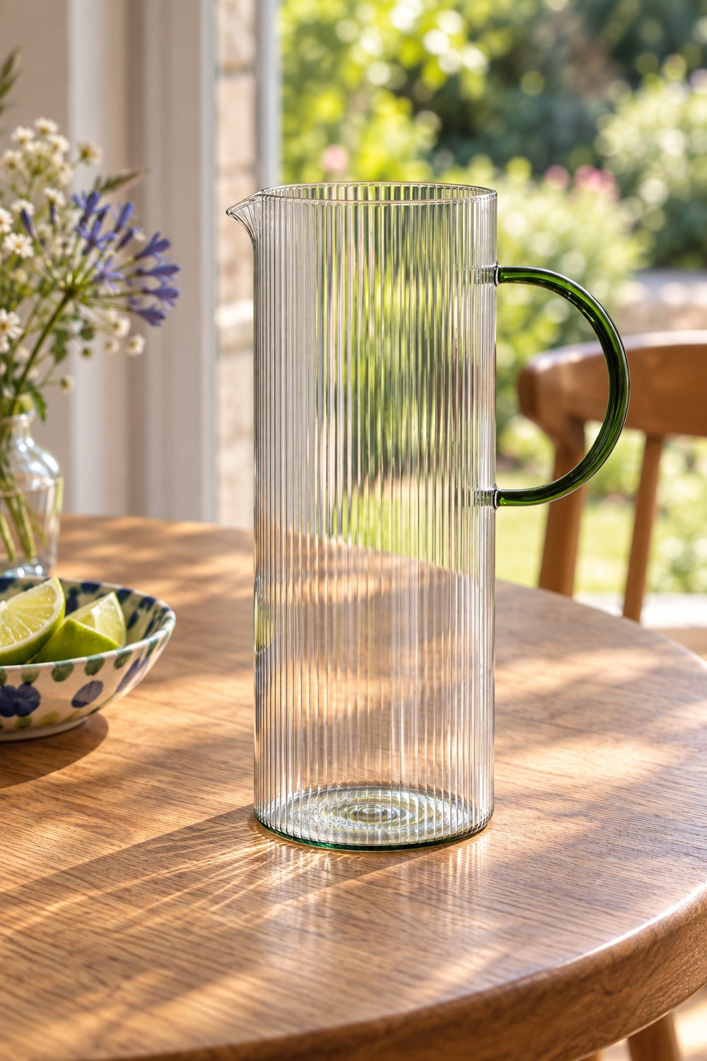 Ribbed Glass Jug with Green Handle