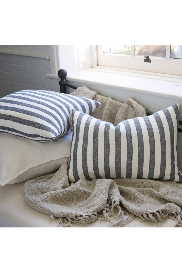 Santi Linen Cushion - Off White/Navy Stripe 40x60cm - Magpie Style