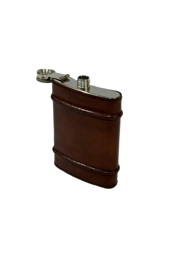 Leather and Stainless Steel Hip Flask with Ridges - Chocolate - Magpie Style