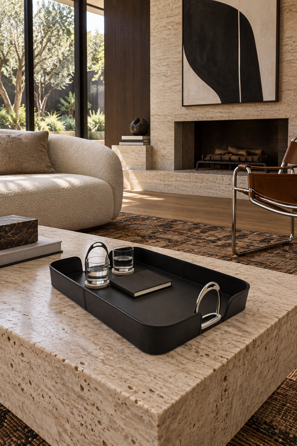 Black Leather Tray with Stirrups