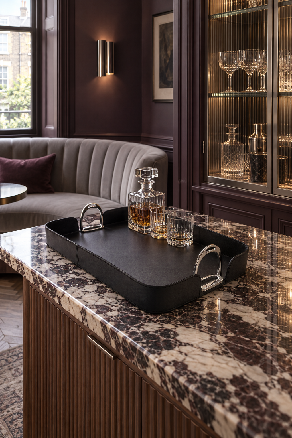 Black Leather Tray with Stirrups styled in aubergine drinks room
