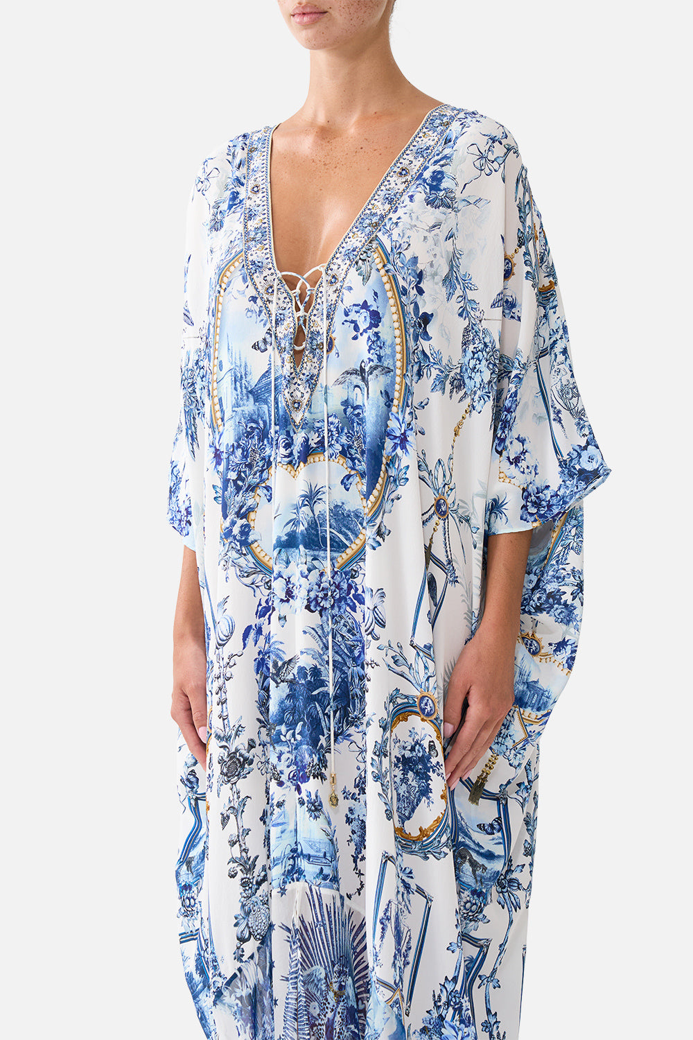 CAMILLA Lace Up Kaftan with Hem Ruffle - The Porcelain Parlour - view 5