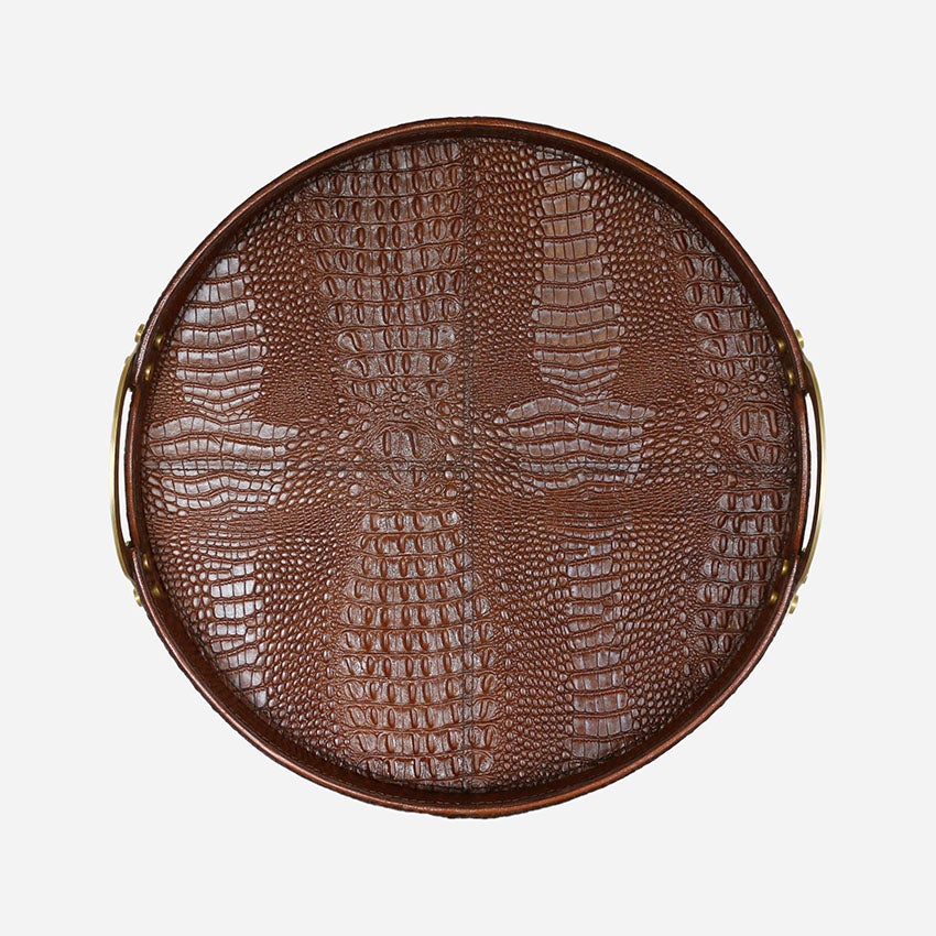 Croc Leather Round Tray with Brass Handles, alternate view