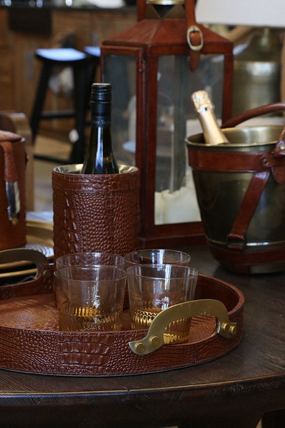 Croc Leather Round Tray with Brass Handles, alternate view