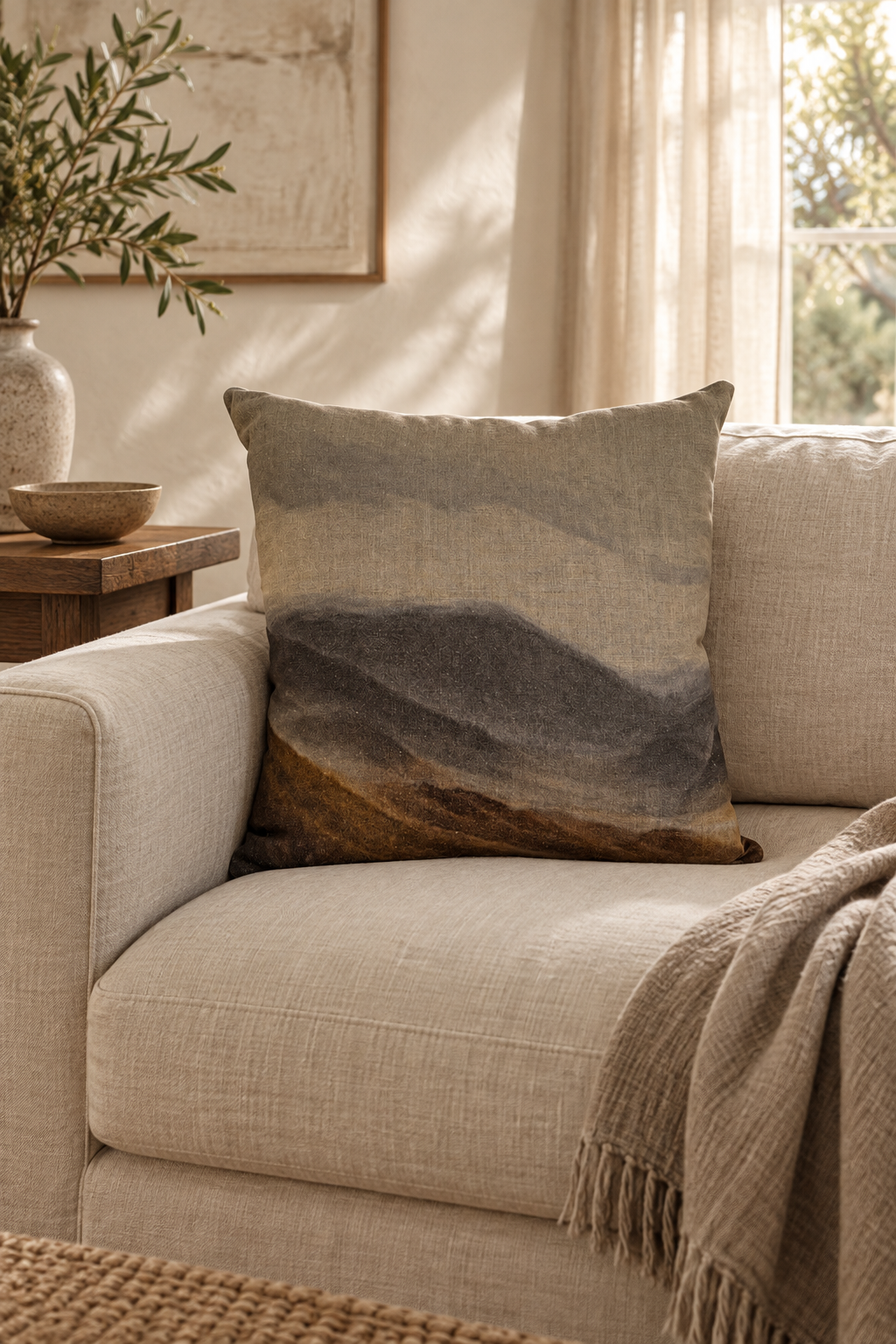 Central Otago Linen Cushion styled in living room