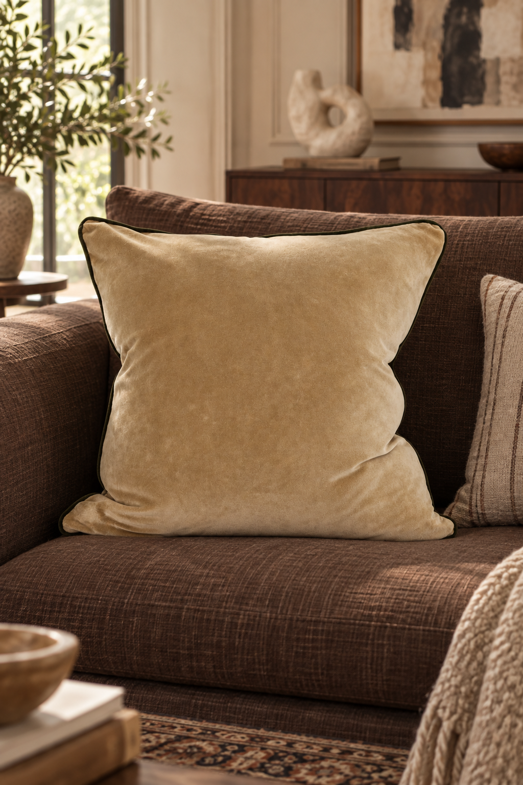 Clyde Gold Velvet Cushion styled in salon