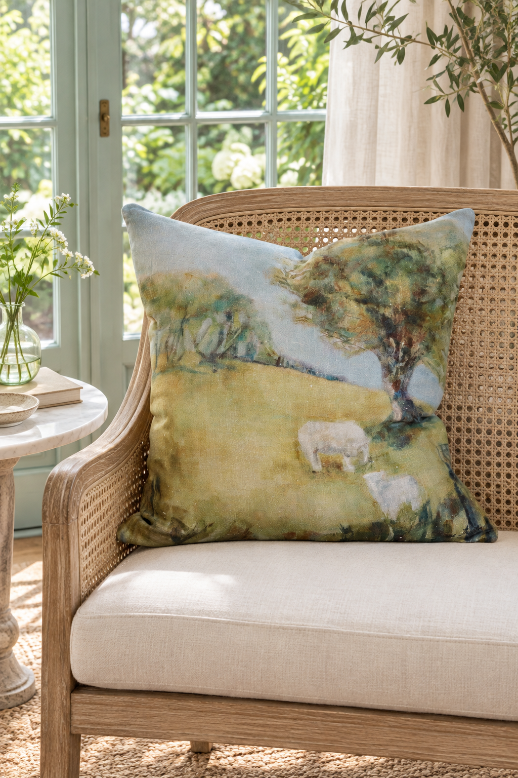 Cornwall Park Linen Cushion styled in garden room