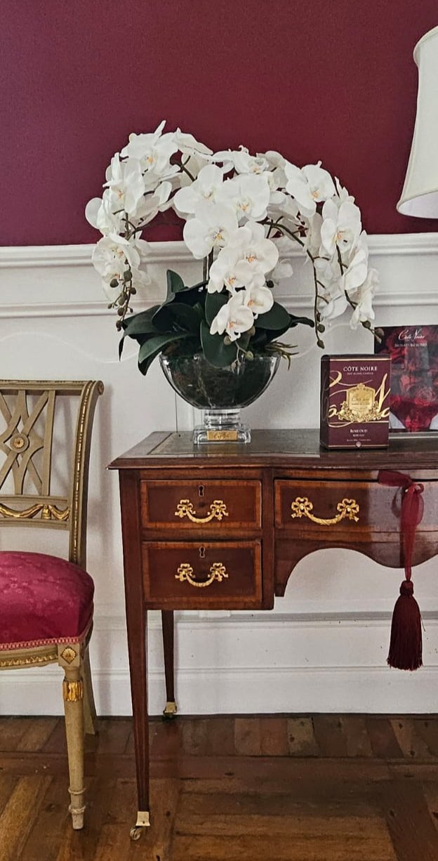 Cote Noire Tall White Orchid Centrepiece styled in a room, CPO01
