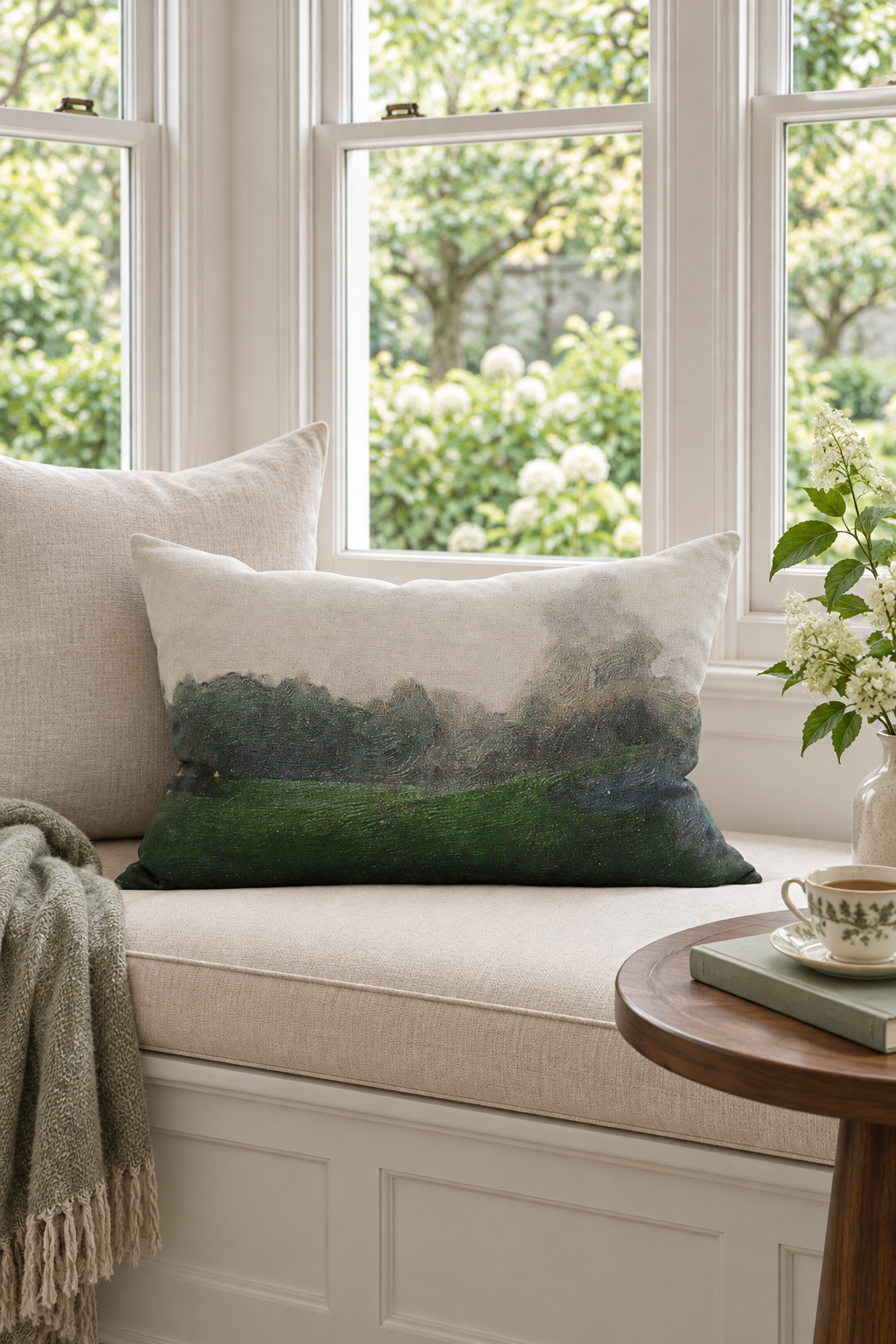 Dusk at Huka Linen Lumbar Cushion styled in window seat