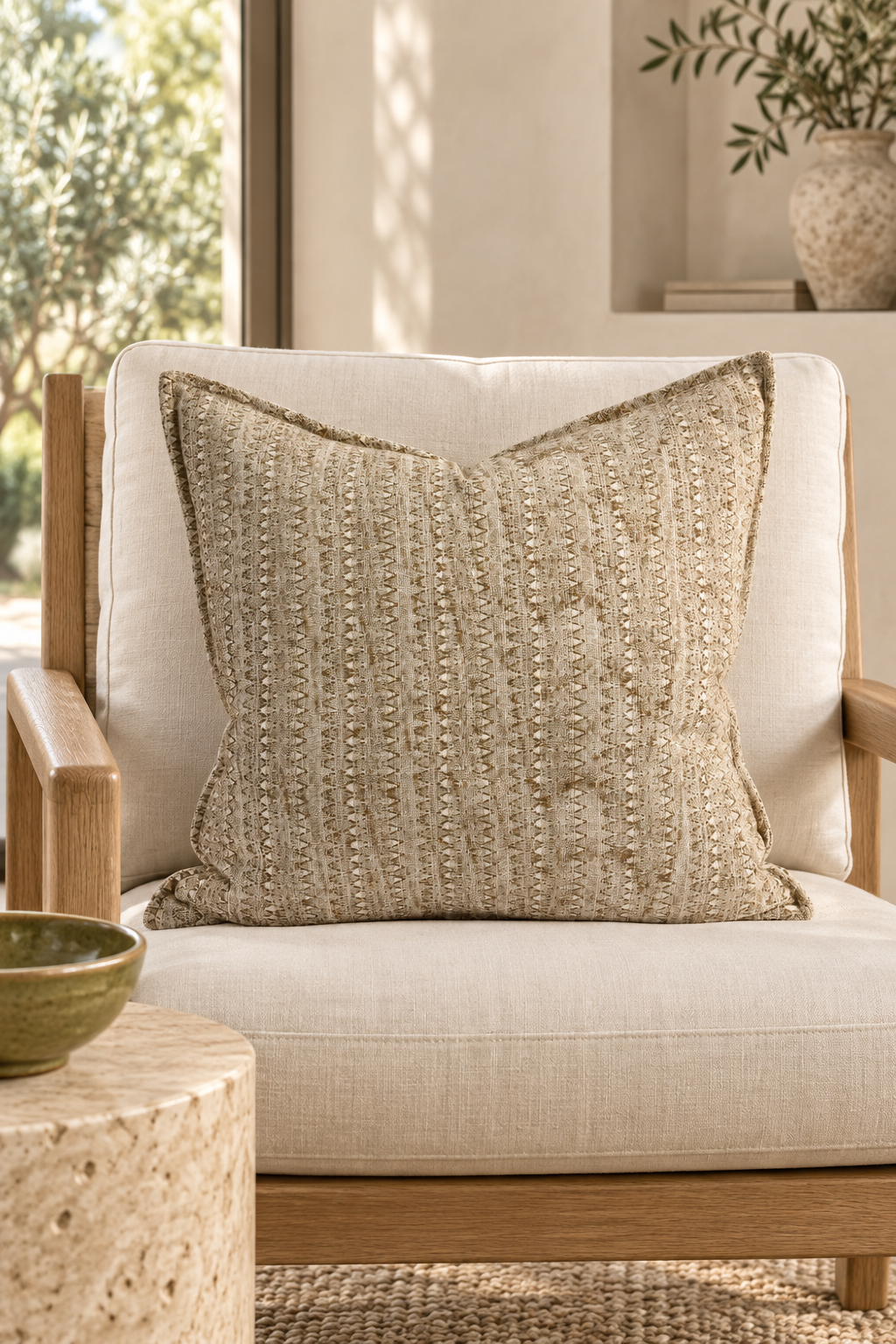 EADIE Lowan Cushion - Natural/Chocolate - 50 cm styled in timber chair