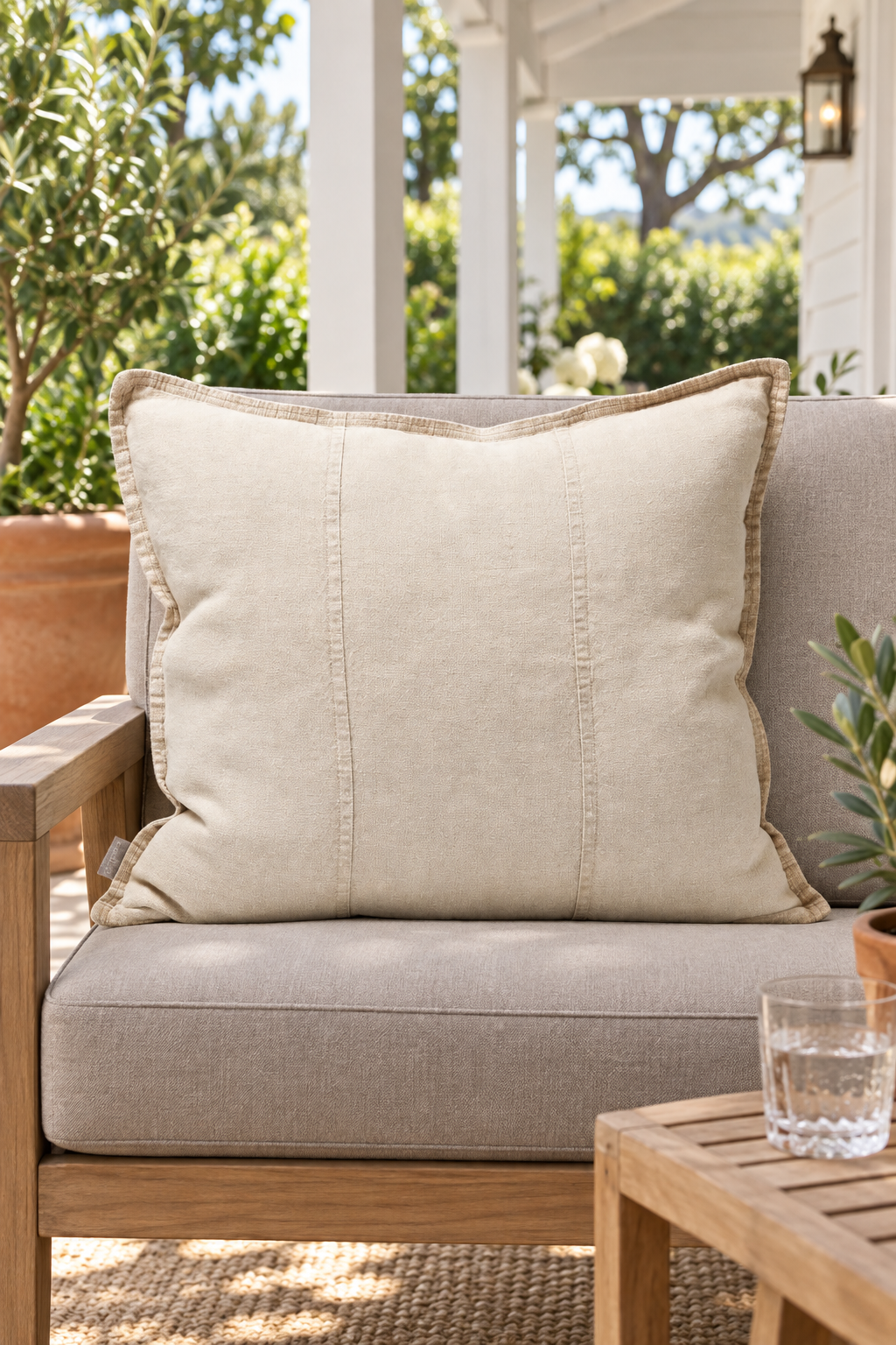 EADIE Luca Linen Outdoor Cushion - Natural - 60cm styled in covered veranda