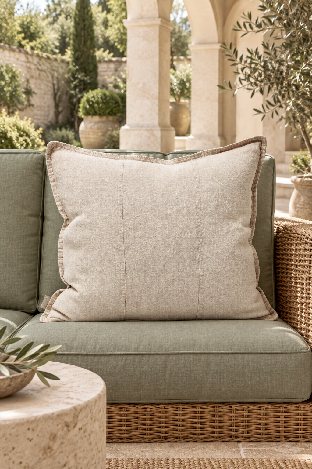 EADIE Luca Linen Outdoor Cushion - Natural - 60cm styled in sheltered terrace