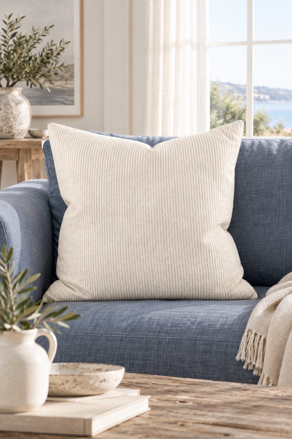 EADIE Large Marina Cushion - Off White/Natural Stripe styled in coastal sofa