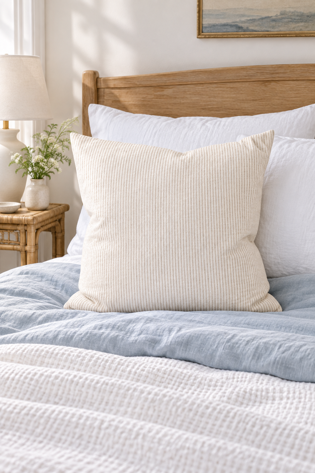 EADIE Large Marina Cushion - Off White/Natural Stripe styled in bedroom